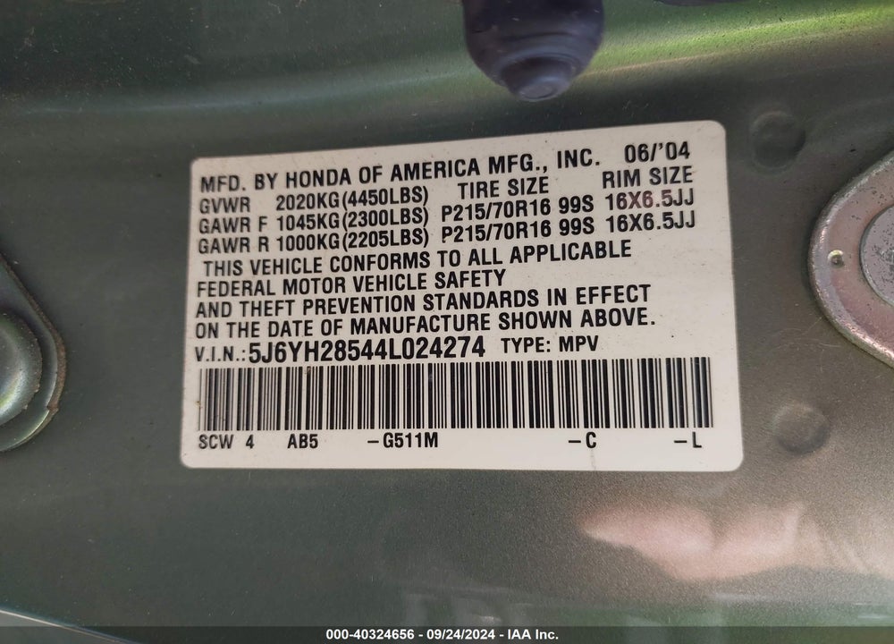 2004 HONDA ELEMENT EX VIN: 5J6YH28544L024274