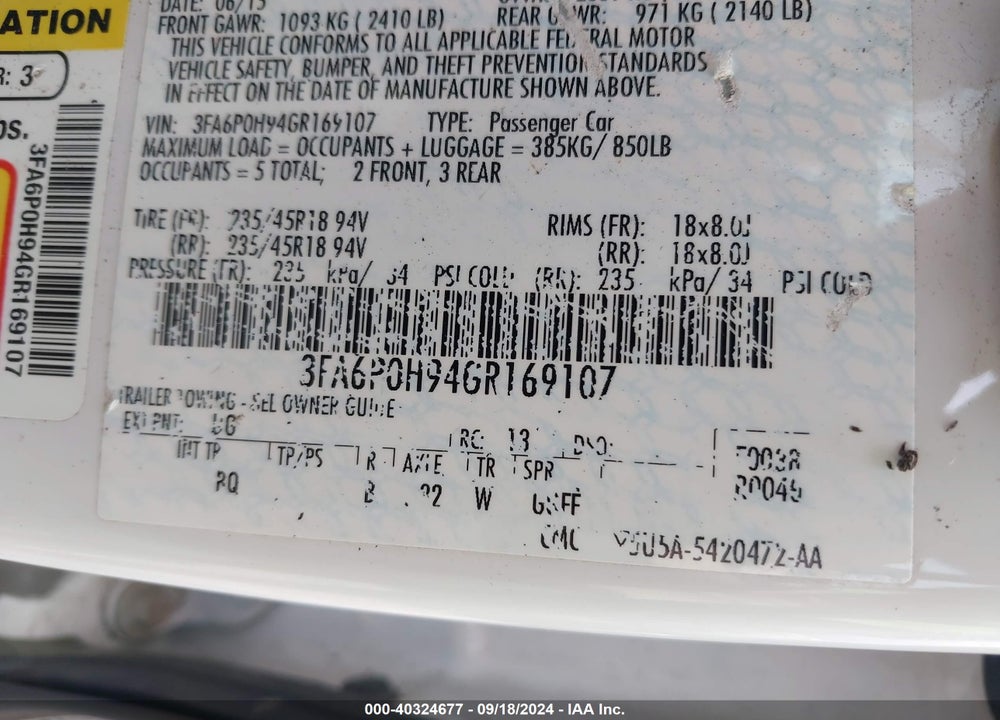2016 FORD FUSION SE VIN: 3FA6P0H94GR169107
