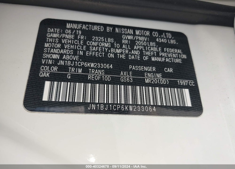 2019 NISSAN ROGUE SPORT S VIN: JN1BJ1CP6KW233064