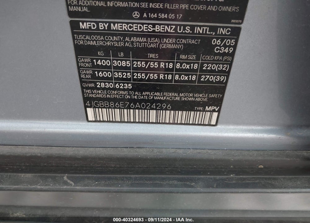 2006 MERCEDES-BENZ ML 350 4MATIC VIN: 4JGBB86E76A024296