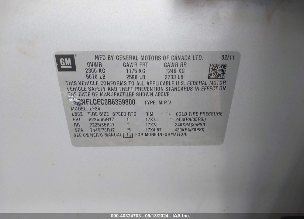 2011 CHEVROLET EQUINOX LS VIN: 2CNFLCEC0B6359800