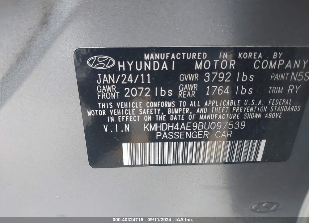 2011 HYUNDAI ELANTRA LIMITED (ULSAN PLANT) VIN: KMHDH4AE9BU097539