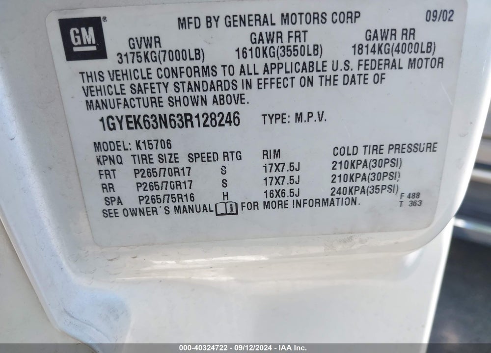 2003 CADILLAC ESCALADE STANDARD VIN: 1GYEK63N63R128246