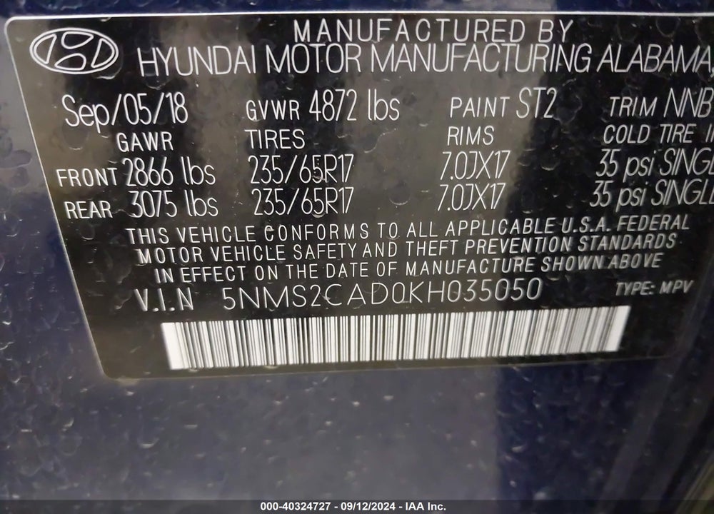 2019 HYUNDAI SANTA FE SE VIN: 5NMS2CAD0KH035050