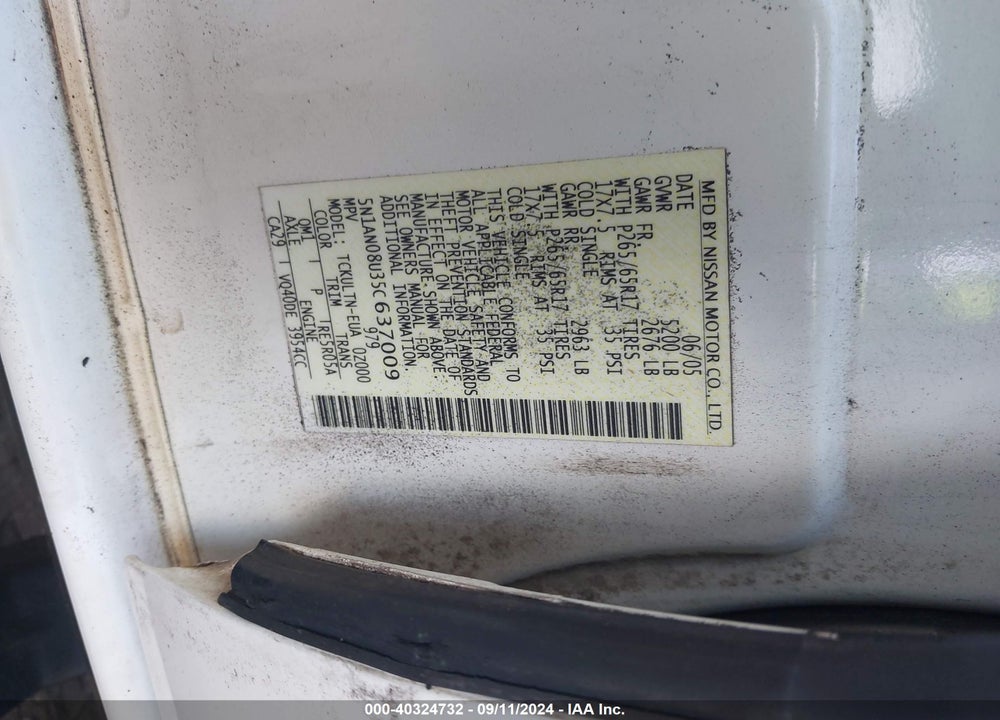 2005 NISSAN XTERRA SE VIN: 5N1AN08U35C637009