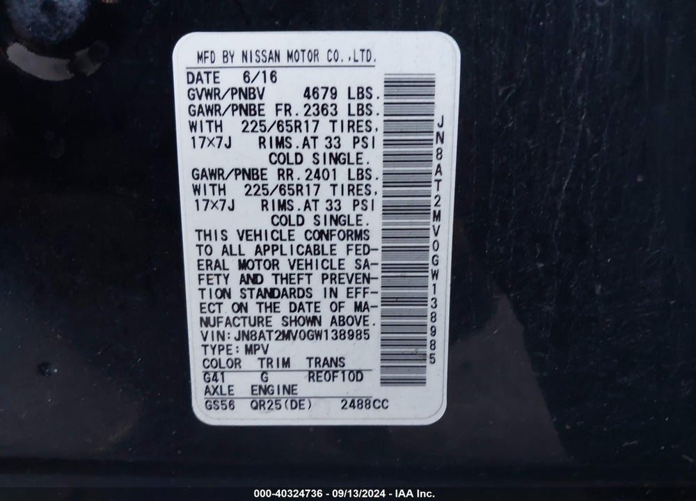 2016 NISSAN ROGUE S VIN: JN8AT2MV0GW138985