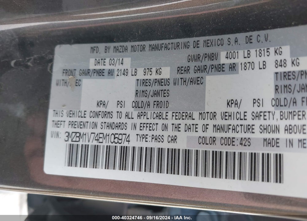 2014 MAZDA 3 I TOURING VIN: 3MZBM1V74EM105974