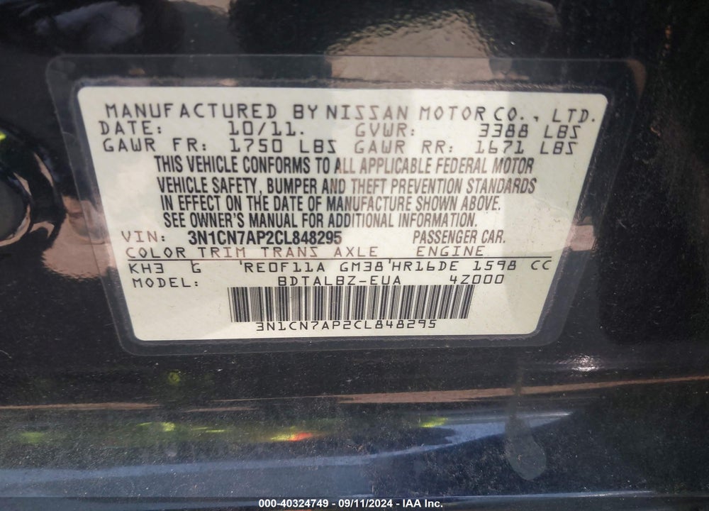 2012 NISSAN VERSA 1.6 SV VIN: 3N1CN7AP2CL848295