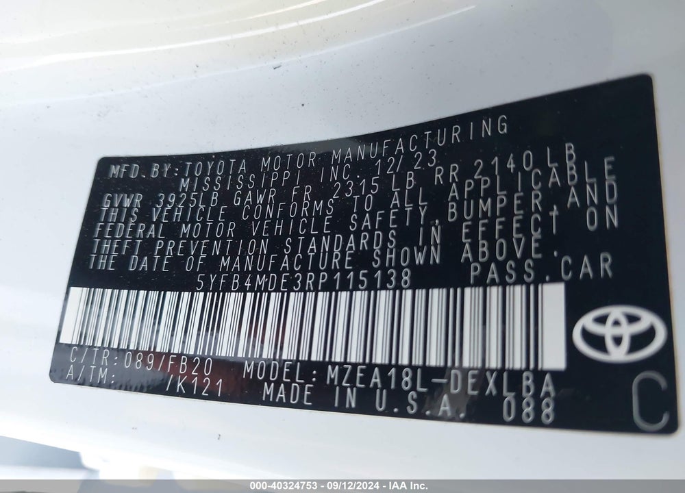 2024 TOYOTA COROLLA LE VIN: 5YFB4MDE3RP115138