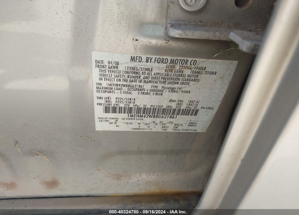 2008 MERCURY SABLE PREMIER VIN: 1MEHM42W88G621861