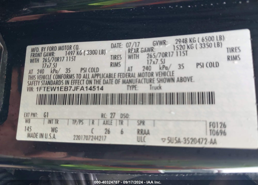 2018 FORD F-150 XL VIN: 1FTEW1EB7JFA14514