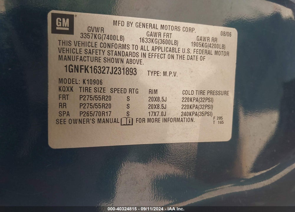 2007 CHEVROLET SUBURBAN 1500 LTZ VIN: 1GNFK16327J231893