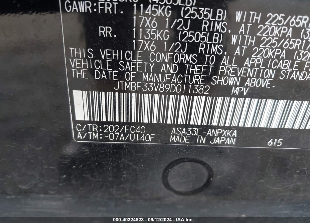 2009 TOYOTA RAV4 VIN: JTMBF33V89D011382