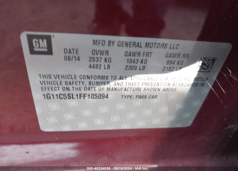 2015 CHEVROLET MALIBU 1LT VIN: 1G11C5SL1FF105094