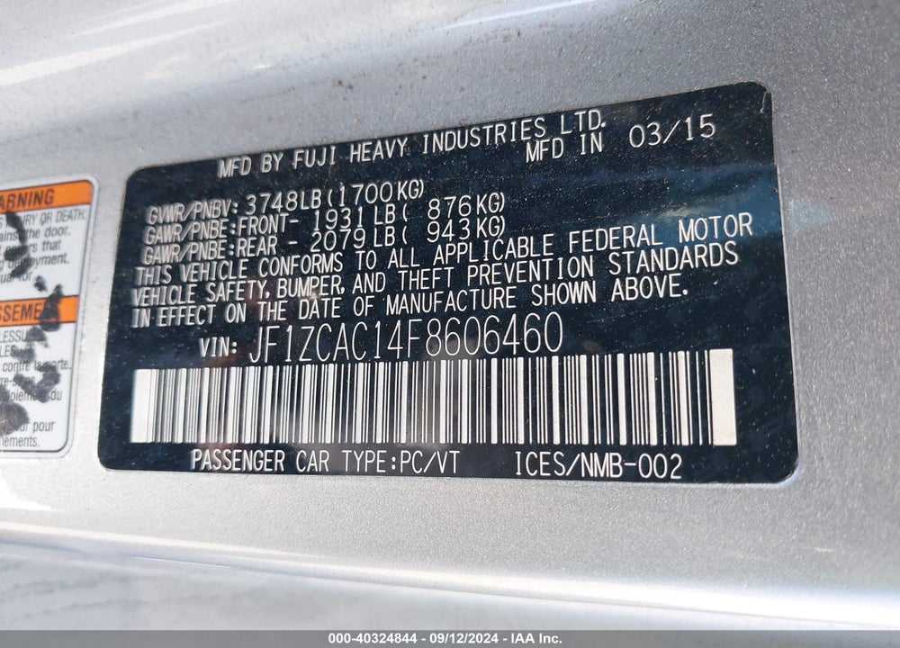 2015 SUBARU BRZ LIMITED VIN: JF1ZCAC14F8606460