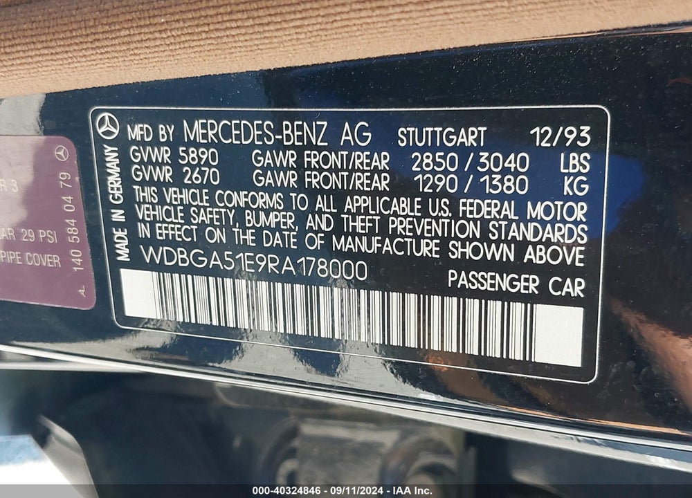 1994 MERCEDES-BENZ S 500 VIN: WDBGA51E9RA178000