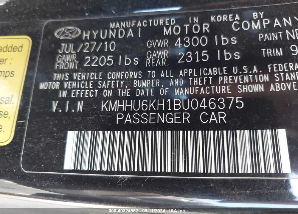 2011 HYUNDAI GENESIS 3.8 TRACK VIN: KMHHU6KH1BU046375