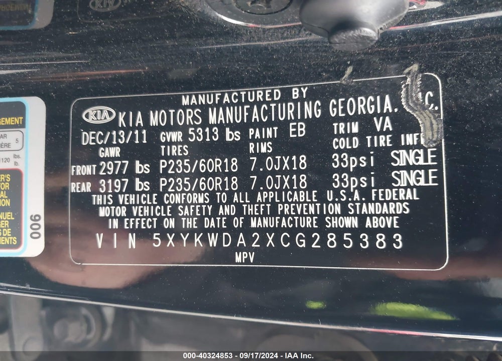 2012 KIA SORENTO SX V6 VIN: 5XYKWDA2XCG285383