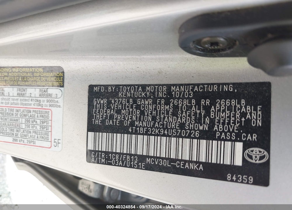 2004 TOYOTA CAMRY LE V6 VIN: 4T1BF32K94U570726