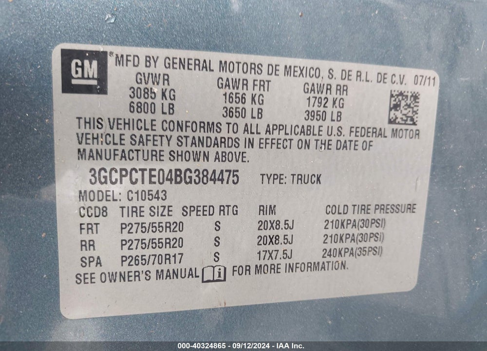 2011 CHEVROLET SILVERADO 1500 VIN: 3GCPCTE04BG384475