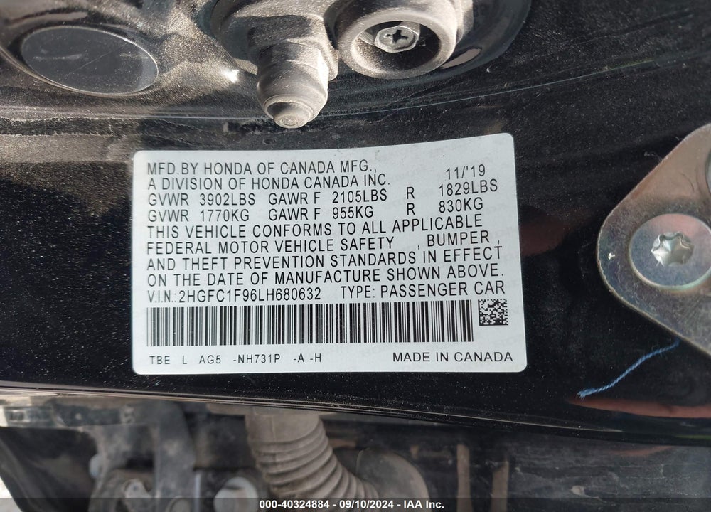2020 HONDA CIVIC TOURING VIN: 2HGFC1F96LH680632
