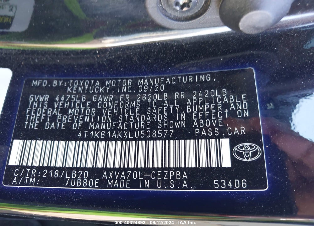 2020 TOYOTA CAMRY XSE VIN: 4T1K61AKXLU508577