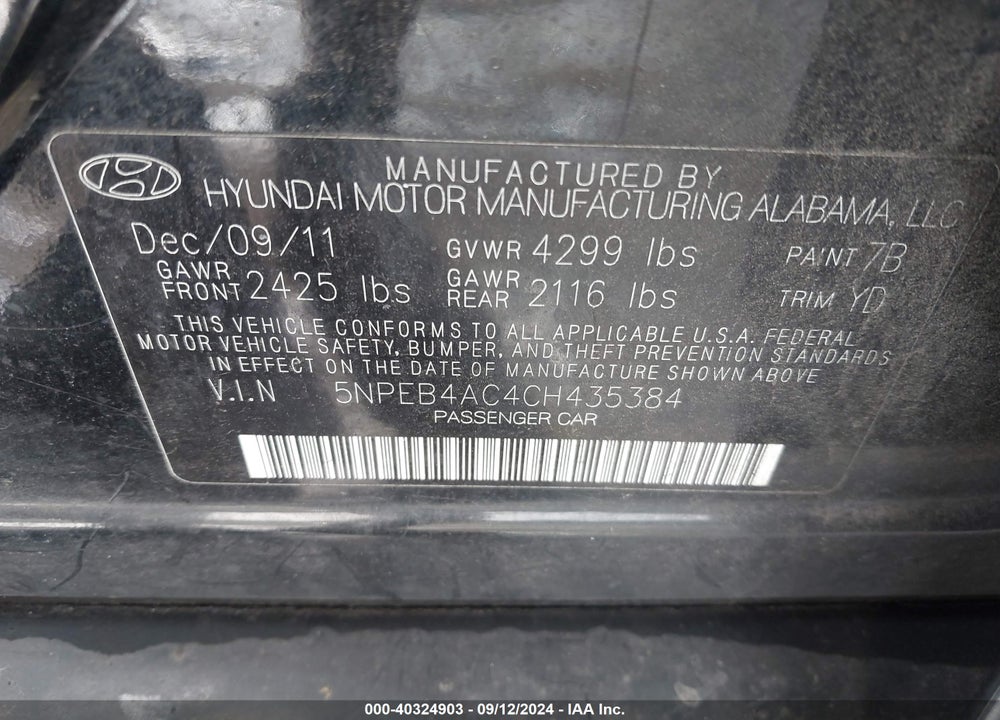 2012 HYUNDAI SONATA GLS VIN: 5NPEB4AC4CH435384