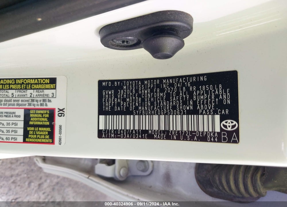 2016 TOYOTA COROLLA L VIN: 5YFBURHE0GP500631