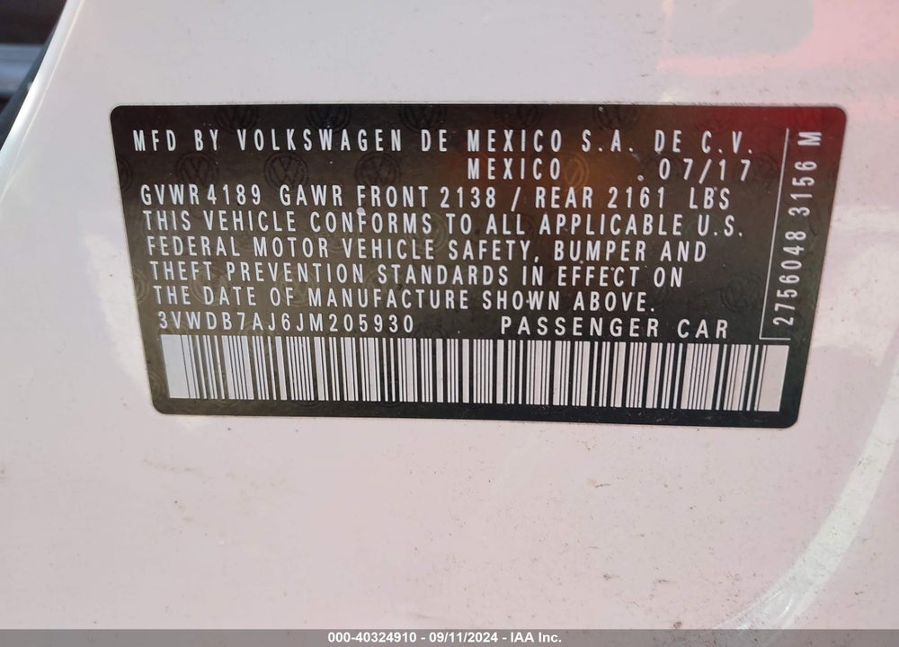 2018 VOLKSWAGEN JETTA VIN: 3VWDB7AJ6JM205930