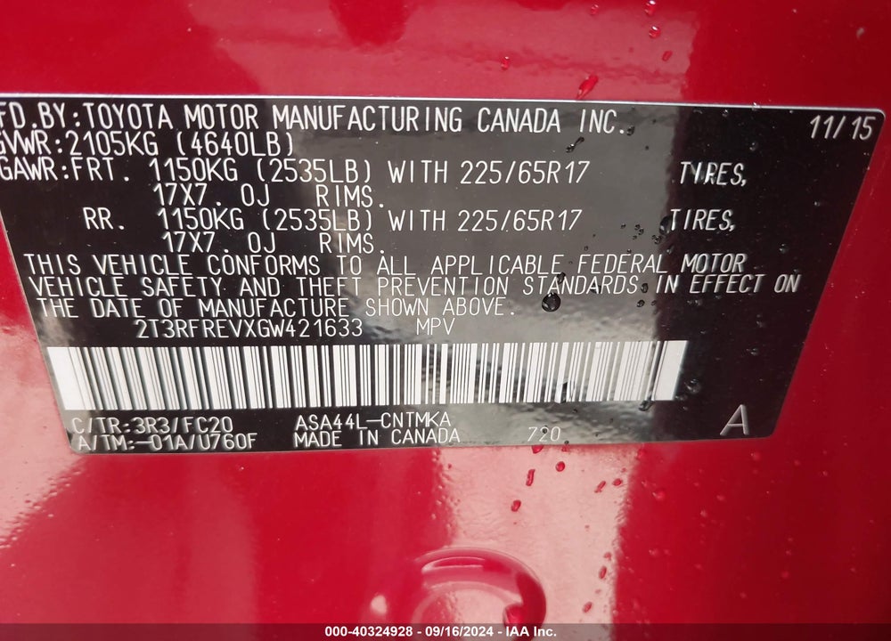 2016 TOYOTA RAV4 XLE VIN: 2T3RFREVXGW421633