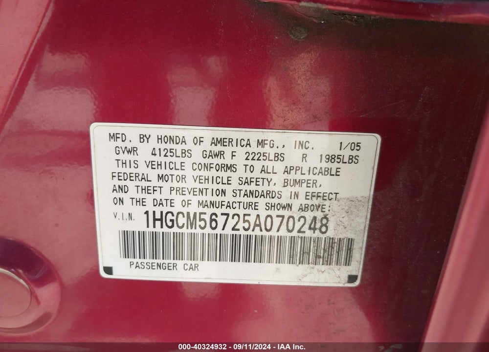 2005 HONDA ACCORD 2.4 EX VIN: 1HGCM56725A070248
