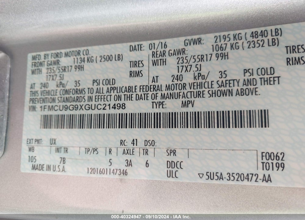 2016 FORD ESCAPE SE VIN: 1FMCU9G9XGUC21498