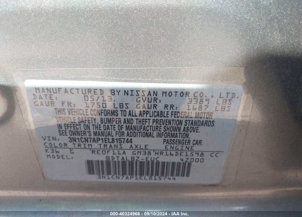 2014 NISSAN VERSA 1.6 SV VIN: 3N1CN7AP1EL815744