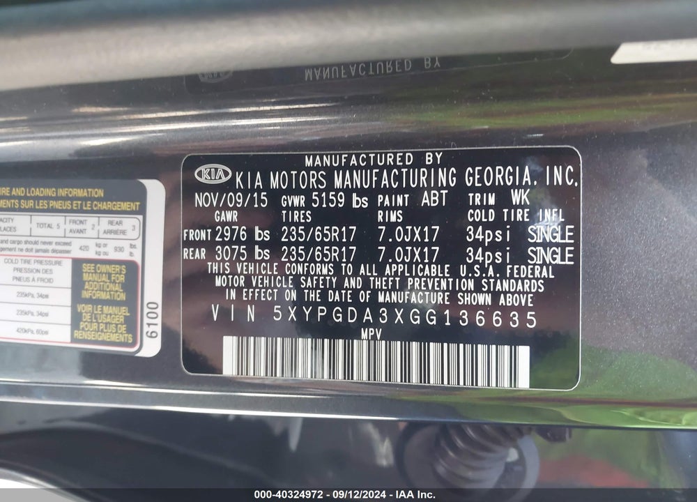 2016 KIA SORENTO 2.4L LX VIN: 5XYPGDA3XGG136635