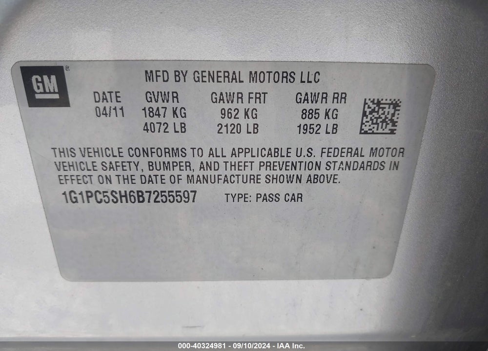 2011 CHEVROLET CRUZE LS VIN: 1G1PC5SH6B7255597