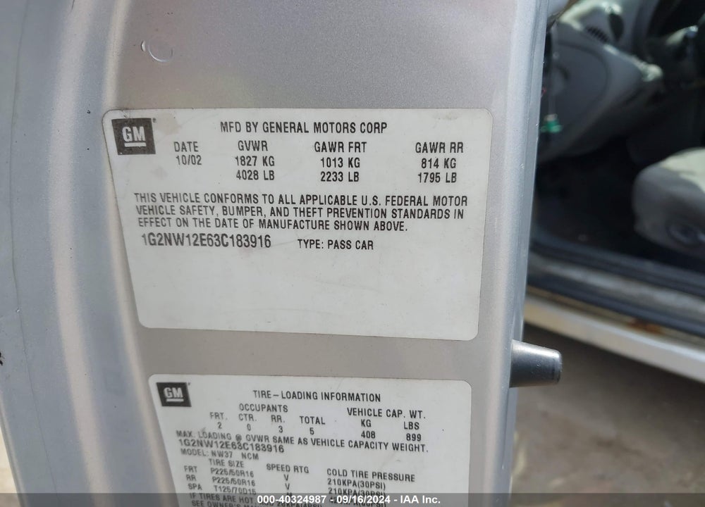 2003 PONTIAC GRAND AM GT VIN: 1G2NW12E63C183916