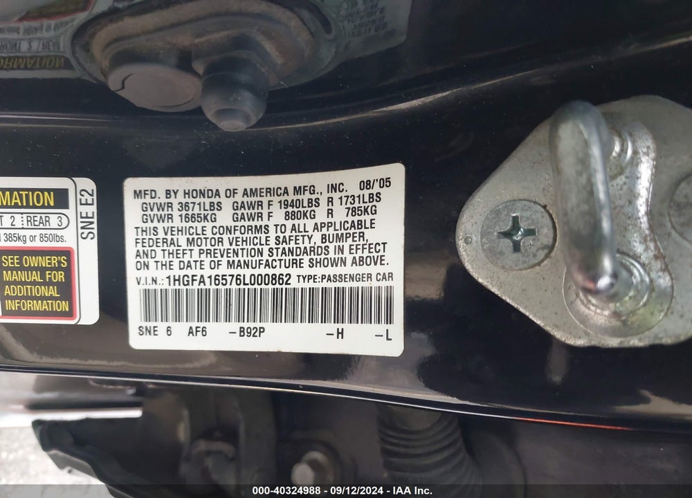 2006 HONDA CIVIC LX VIN: 1HGFA16576L000862