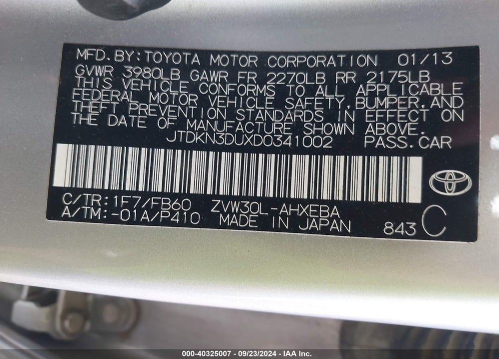 2013 TOYOTA PRIUS TWO VIN: JTDKN3DUXD0341002
