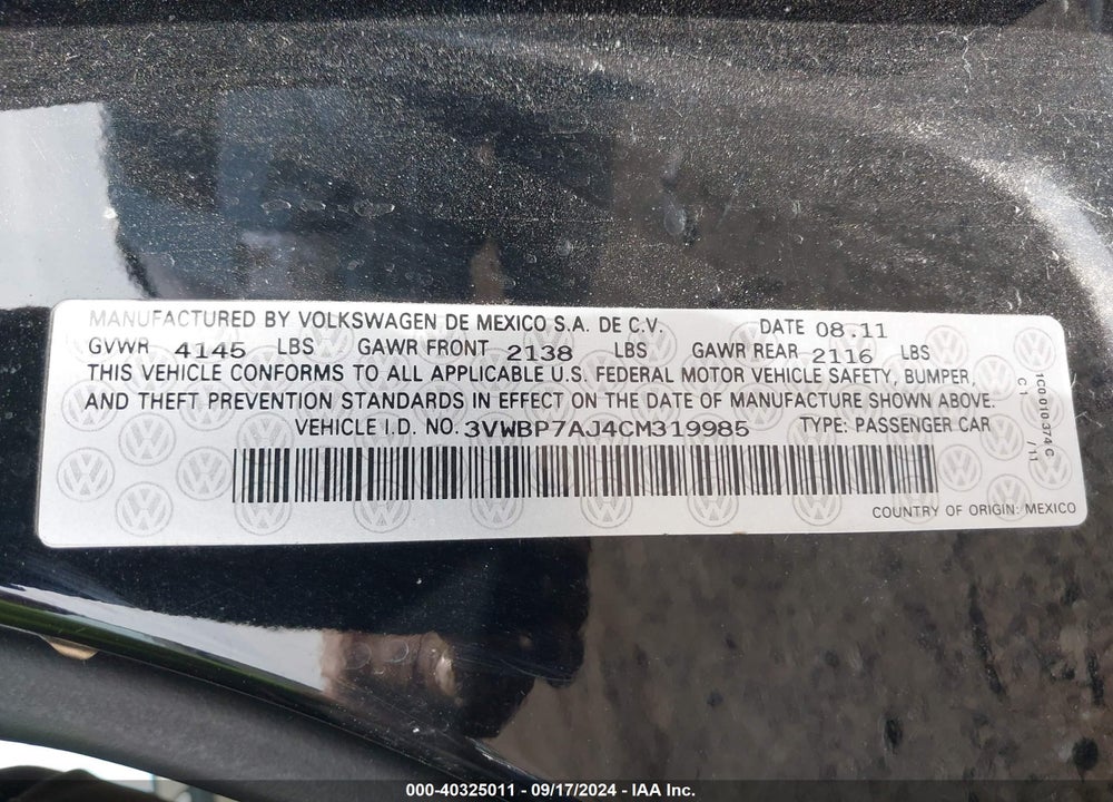 2012 VOLKSWAGEN JETTA 2.5L SE VIN: 3VWBP7AJ4CM319985