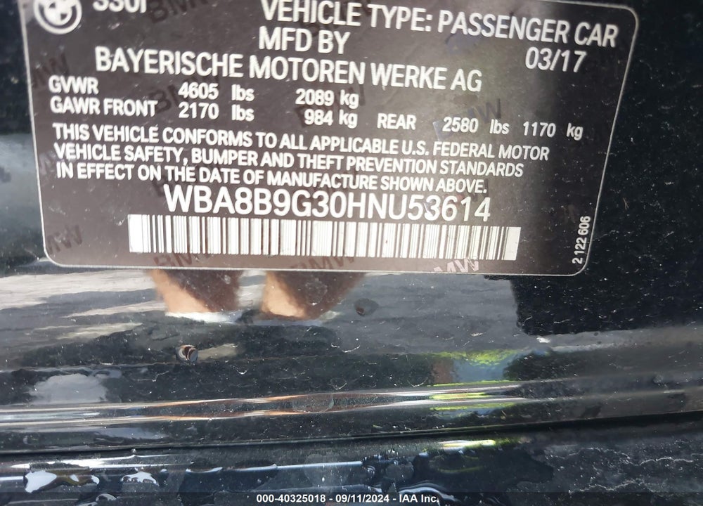 2017 BMW 330I VIN: WBA8B9G30HNU53614