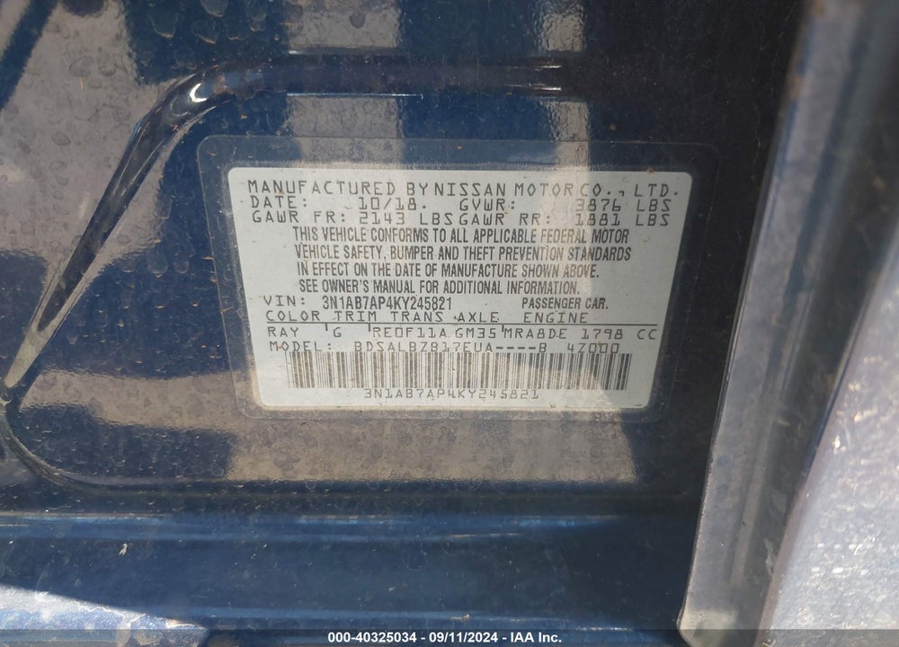 2019 NISSAN SENTRA S/SL/SR/SV VIN: 3N1AB7AP4KY245821