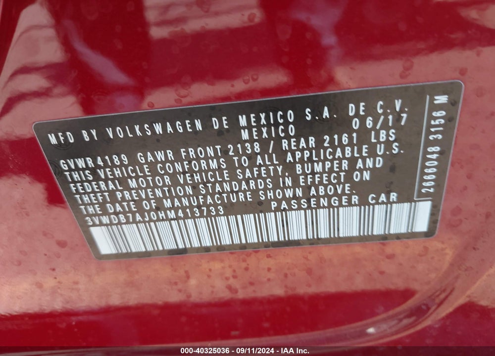 2017 VOLKSWAGEN JETTA VIN: 3VWDB7AJ0HM413733