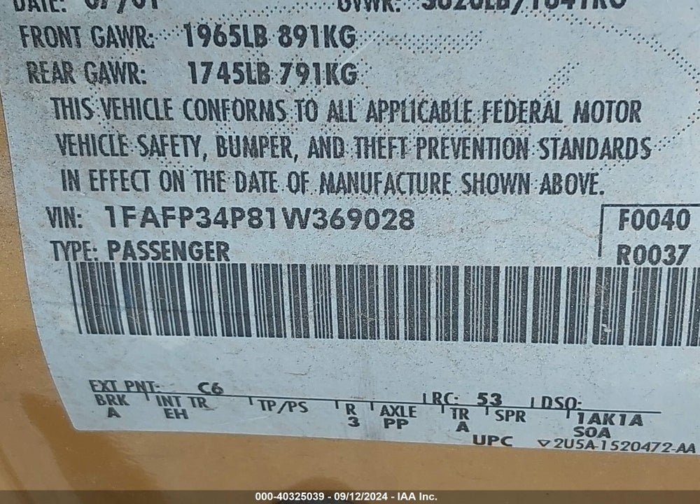 2001 FORD FOCUS SE VIN: 1FAFP34P81W369028