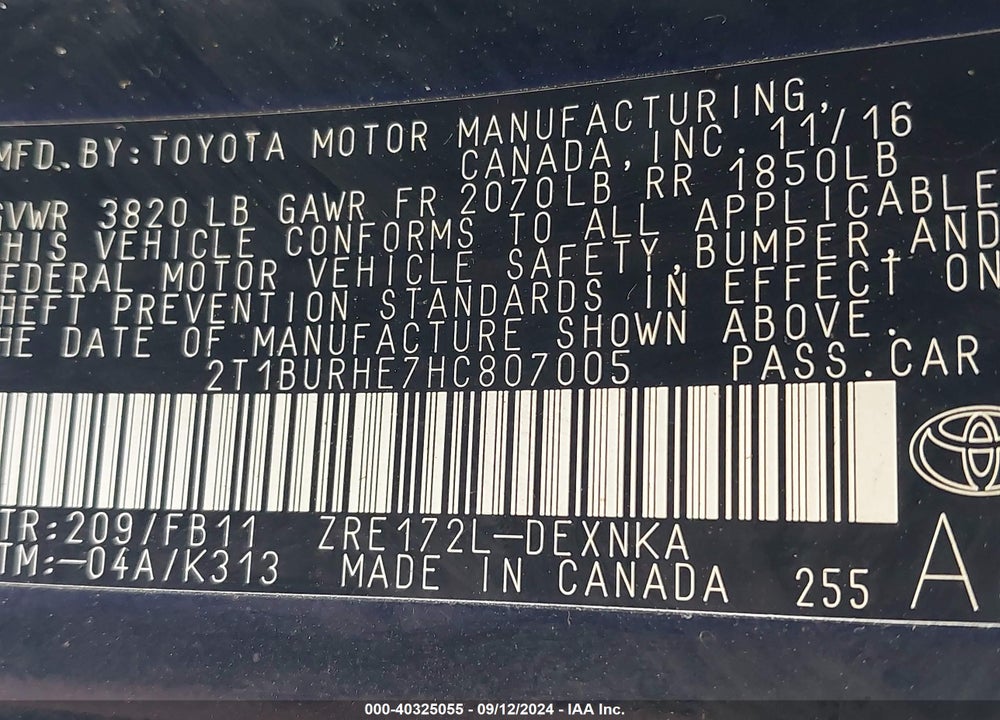 2017 TOYOTA COROLLA LE VIN: 2T1BURHE7HC807005