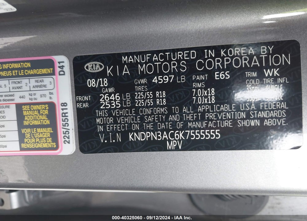 2019 KIA SPORTAGE EX VIN: KNDPN3AC6K7555555