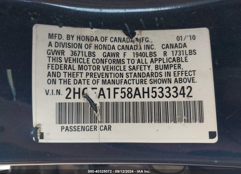 2010 HONDA CIVIC LX VIN: 2HGFA1F58AH533342