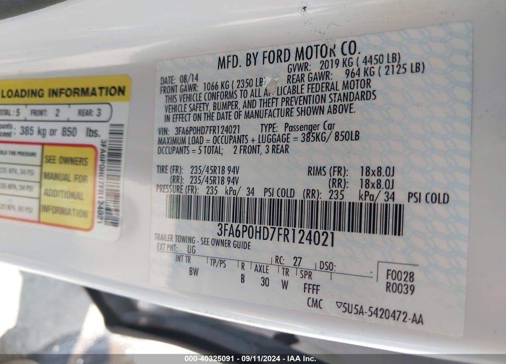 2015 FORD FUSION SE VIN: 3FA6P0HD7FR124021