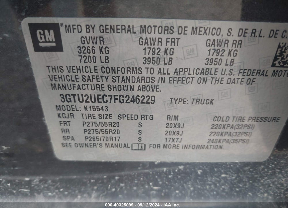 2015 GMC SIERRA 1500 SLE VIN: 3GTU2UEC7FG246229