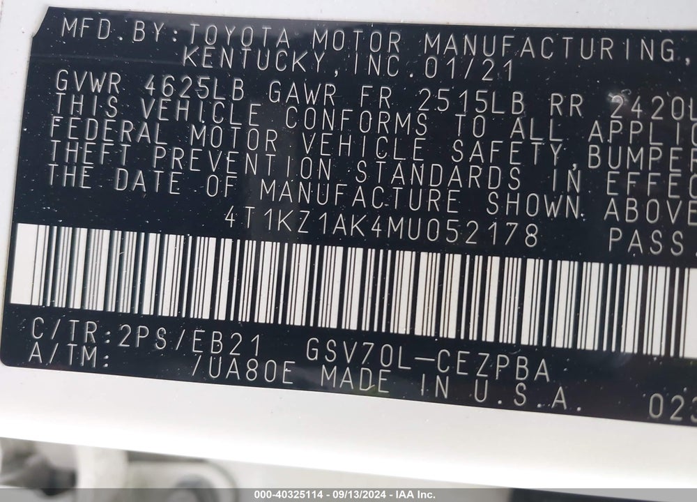 2021 TOYOTA CAMRY TRD VIN: 4T1KZ1AK4MU052178
