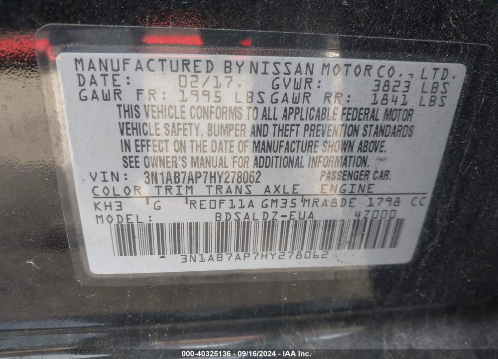 2017 NISSAN SENTRA VIN: 3N1AB7AP7HY278062